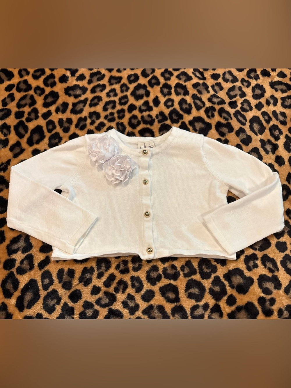 Janie and Jack White Floral Appliqué Cropped Cardigan with Gold Buttons 3T